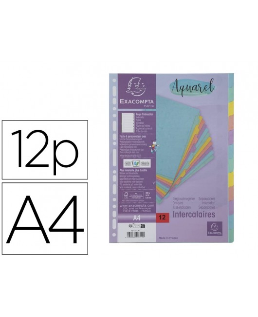 SEPARADOR EXACOMPTA AQUAREL CARTULINA LUSTRADA JUEGO DE 12 SEPARADORES DIN A4 COLORES PASTEL