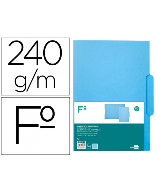 SUBCARPETA CARTULINA LIDERPAPEL FOLIO PESTAÑA CENTRAL 240G/M2 AZUL