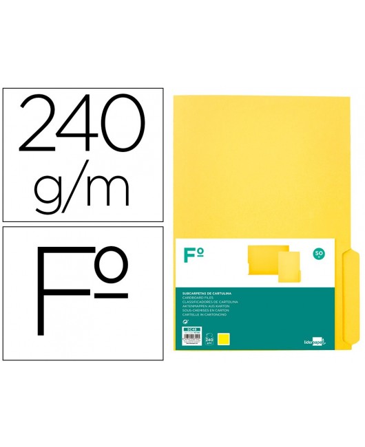 SUBCARPETA CARTULINA LIDERPAPEL FOLIO PESTAÑA INFERIOR 240G/M2 COLOR AMARILLO