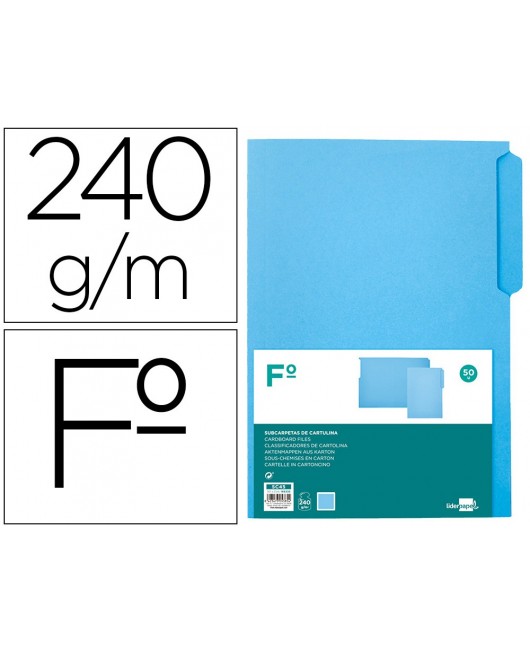 SUBCARPETA CARTULINA LIDERPAPEL FOLIO PESTAÑA SUPERIOR 240G/M2 AZUL