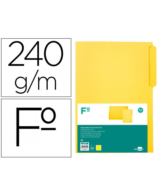 SUBCARPETA CARTULINA LIDERPAPEL FOLIO PESTAÑA SUPERIOR 240G/M2 COLOR AMARILLO