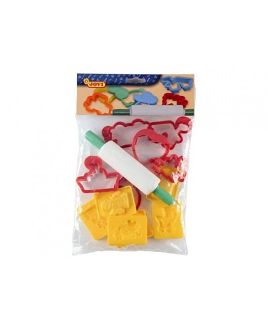 JUEGO JOVI RODILLO PARA PLASTILINA + 12 MOLDES FORMAS SURTIDAS
