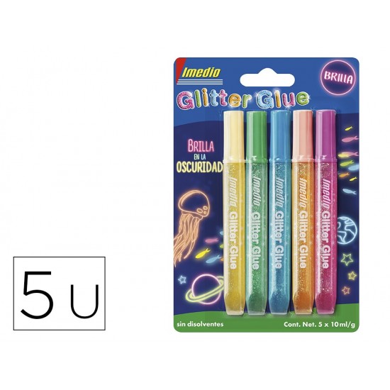 PEGAMENTO IMEDIO GLITTER GLUE BRILLA EN LA OSCURIDAD PARA MANUALIDADES 10 ML BLISTER DE 5 UNIDADES COLORES SURTIDOS PEGAMENTO IMEDIO GLITTER GLUE BRILLA EN LA OSCURIDAD PARA MANUALIDADES 10 ML BLISTER DE 5 UNIDADES COLORES SURTIDOS