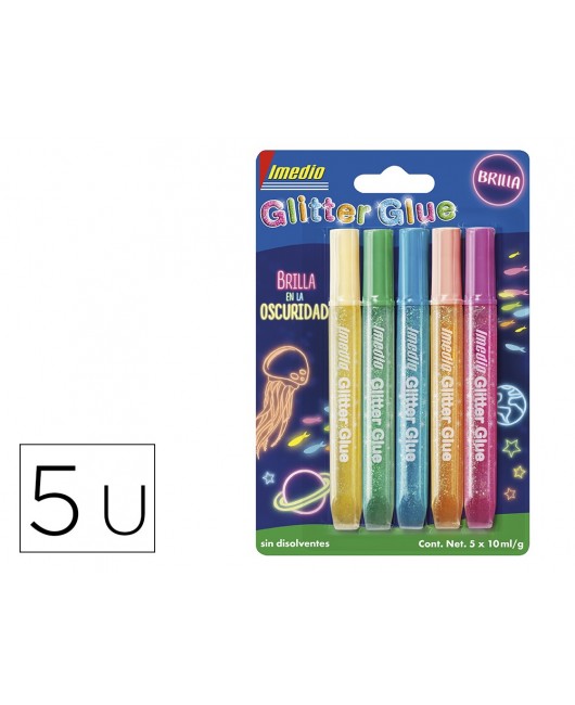 PEGAMENTO IMEDIO GLITTER GLUE BRILLA EN LA OSCURIDAD PARA MANUALIDADES 10 ML BLISTER DE 5 UNIDADES COLORES SURTIDOS