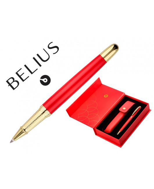 BOLIGRAFO Y ESTUCHE BELIUS PASSION DOR ALUMINIO TEXTURA CEPILLADA COLOR ROJO Y DORADO TINTA AZUL CAJA DE DISEÑO