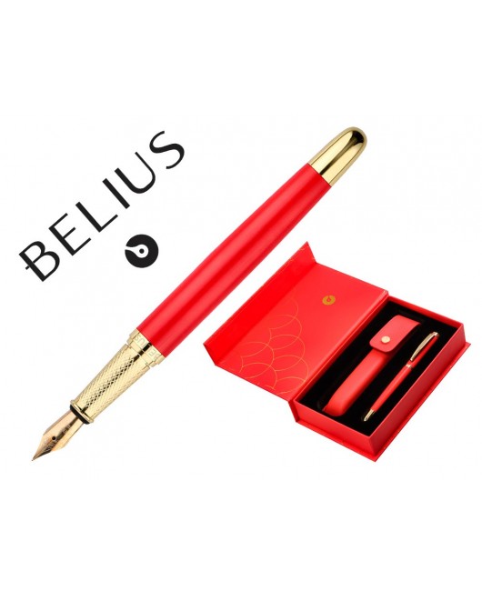 PLUMA Y ESTUCHE CUERO BELIUS PASSION DOR ALUMINIO TEXTURA CEPILLADA COLOR ROJO Y DORADO TINTA AZUL CAJA DE DISEÑO
