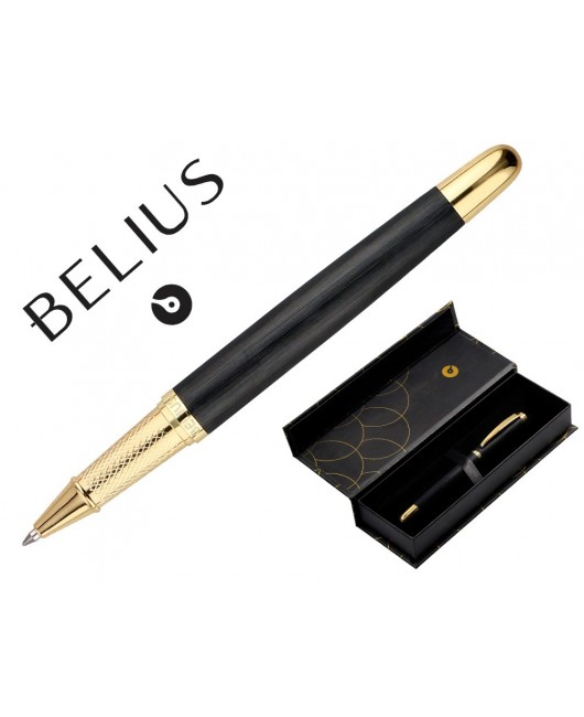 BOLIGRAFO BELIUS PASSION DOR ALUMINIO TEXTURA CEPILLADA COLOR NEGRO Y DORADO TINTA AZUL CAJA DE DISEÑO