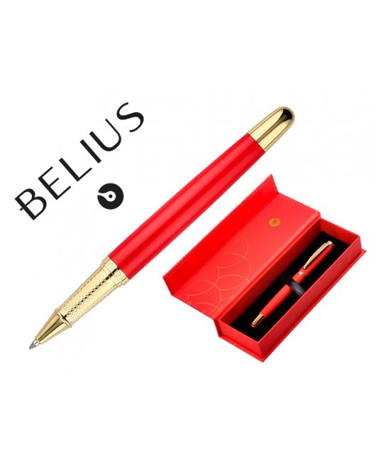 BOLIGRAFO BELIUS PASSION DOR ALUMINIO TEXTURA CEPILLADA COLOR ROJO Y DORADO TINTA AZUL CAJA DE DISEÑO