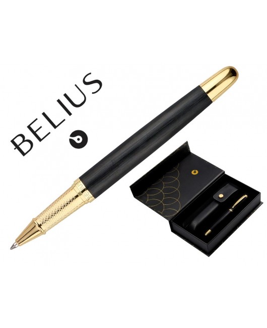 BOLIGRAFO Y ESTUCHE BELIUS PASSION DOR ALUMINIO TEXTURA CEPILLADA COLOR NEGRO Y DORADO TINTA AZUL CAJA DISEÑO