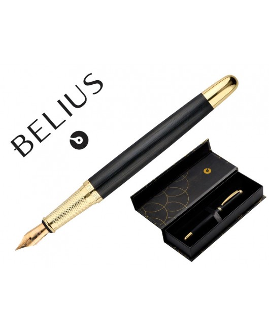 PLUMA BELIUS PASSION DOR ALUMINIO TEXTURA CEPILLADA COLOR NEGRO Y DORADO TINTA AZUL CAJA DE DISEÑO