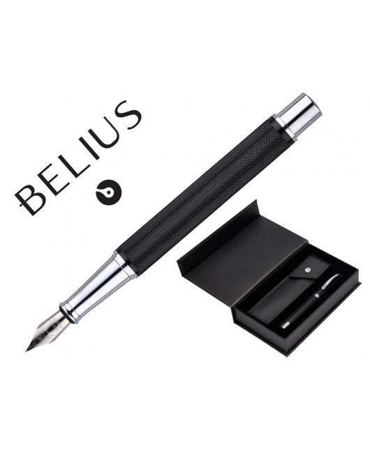 PLUMA Y ESTUCHE BELIUS TURBO ALUMINIO TEXTURA PUNTEADA COLOR NEGRO Y PLATEADO TINTA AZUL CAJA DE DISEÑO
