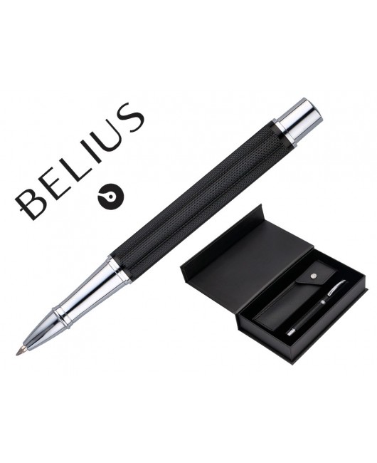 ROLLER Y ESTUCHE BELIUS TURBO ALUMINIO TEXTURA PUNTEADA NEGRO PLATEADO TINTA AZUL CAJA DE DISEÑO