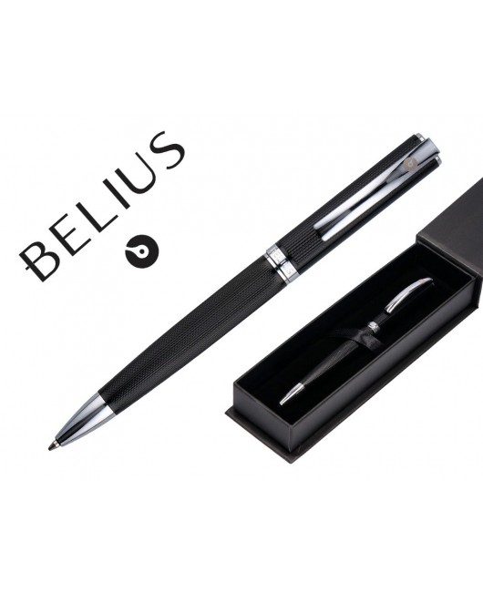 BOLIGRAFO BELIUS TURBO ALUMINIO TEXTURA PUNTEADA COLOR NEGRO Y PLATEADO TINTA AZUL CAJA DE DISEÑO