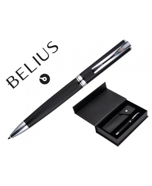 BOLIGRAFO Y ESTUCHE BELIUS TURBO ALUMINIO TEXTURA PUNTEADA NEGRO Y PLATEADO TINTA AZUL CAJA DE DISEÑO
