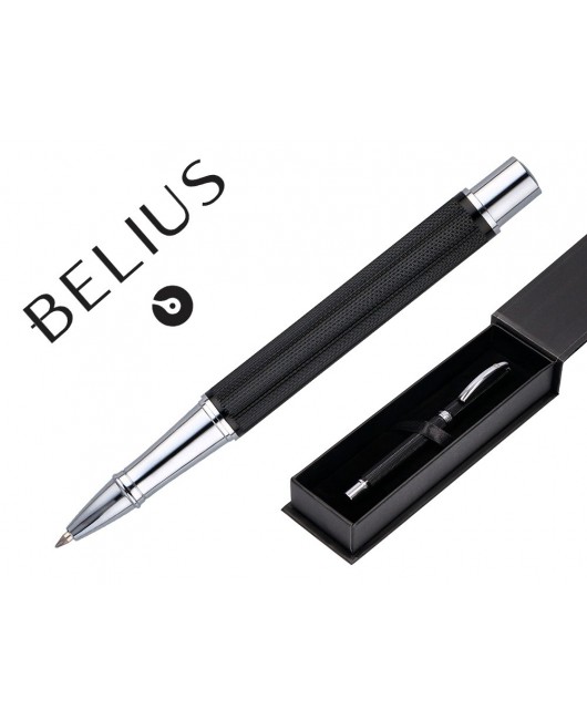 ROLLER BELIUS TURBO ALUMINIO TEXTURA PUNTEADA COLOR NEGRO Y PLATEADO TINTA AZUL CAJA DE DISEÑO