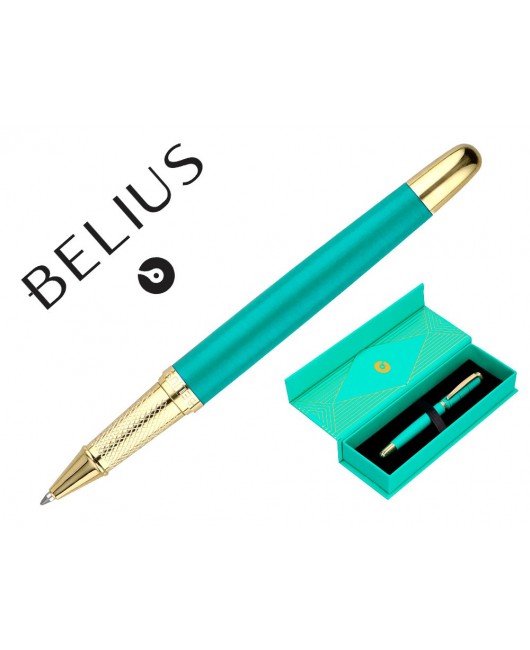 BOLIGRAFO BELIUS SOIREE ALUMINIO COLOR ART DECO TURQUESA Y DORADO TINTA AZUL CAJA DE DISEÑO