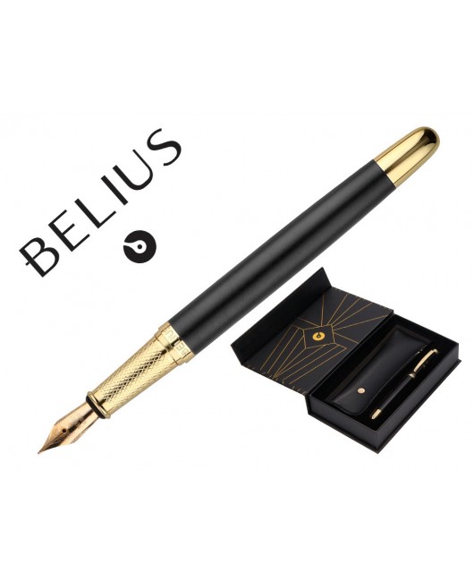 PLUMA Y ESTUCHE BELIUS SOIREE COLOR ART DECO NEGRO Y DORADO TINTA AZUL CAJA DE DISEÑO