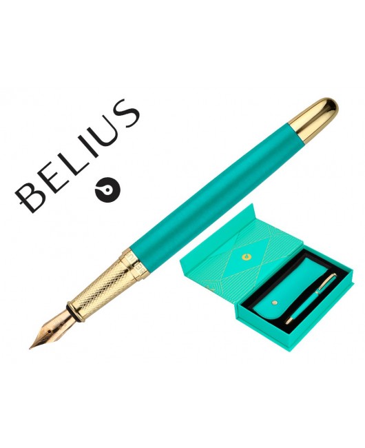 PLUMA Y ESTUCHE BELIUS SOIREE COLOR ART DECO TURQUESA DORADO TINTA AZUL CAJA DE DISEÑO