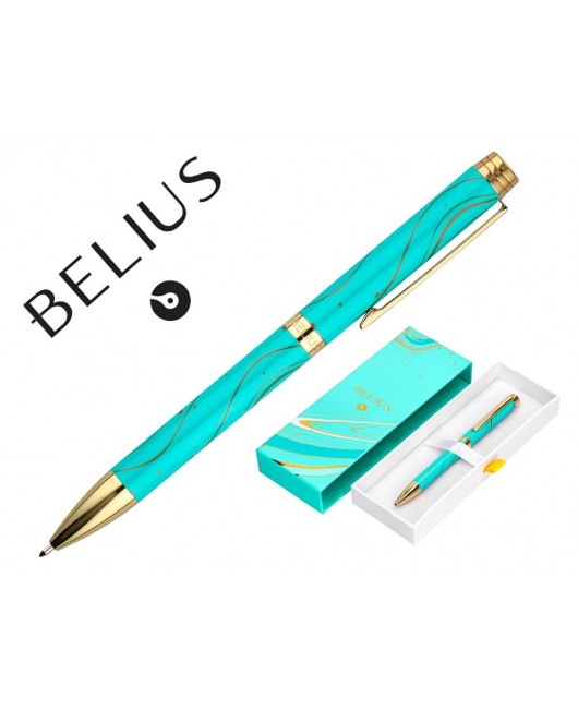 BOLIGRAFO BELIUS AQUA ALUMINIO COLOR TURQUESA Y DORADO TINTA AZUL CAJA DE DISEÑO