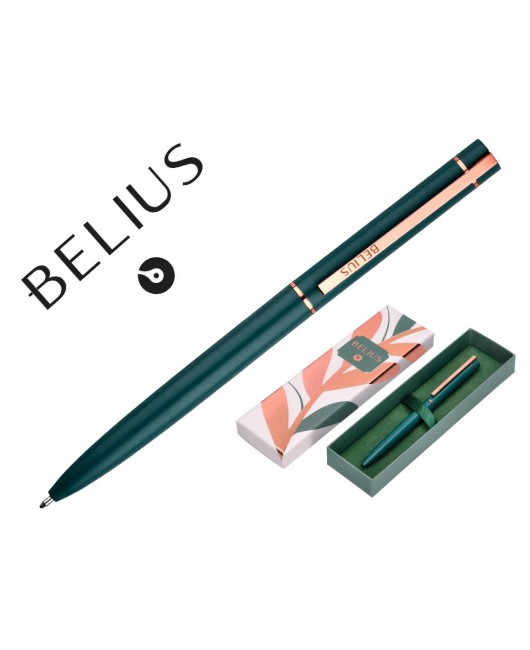 BOLIGRAFO BELIUS ROSE ALUMINIO COLOR VERDE OLIVA/ORO ROSA TINTA AZUL CAJA DE DISEÑO
