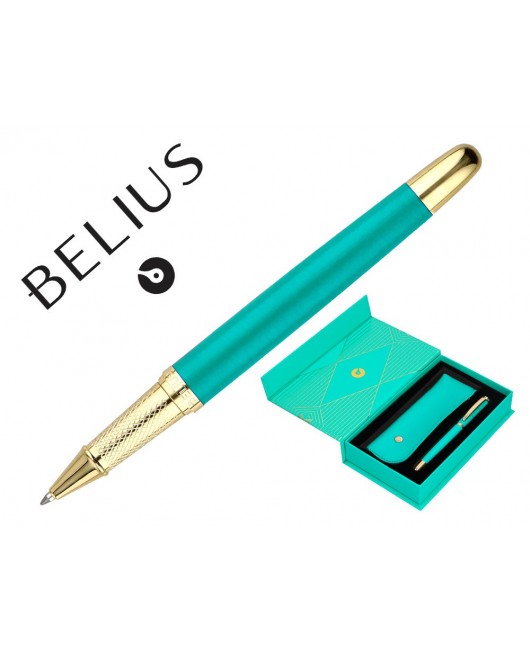BOLIGRAFO Y ESTUCHE BELIUS SOIREE COLOR ART DECO TURQUESA Y DORADO TINTA AZUL CAJA DE DISEÑO