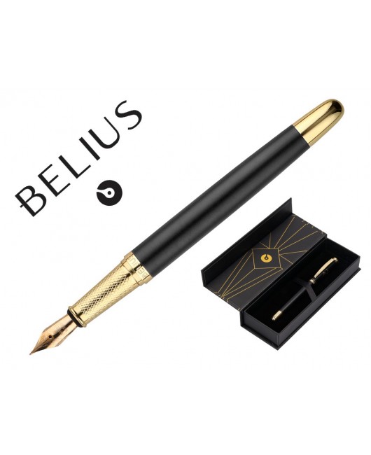 PLUMA BELIUS SOIREE ALUMINIO COLOR ART DECO NEGRO Y DORADO TINTA AZUL CAJA DE DISEÑO