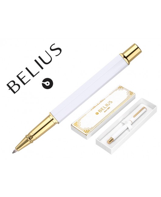 BOLIGRAFO BELIUS MACARON BLISS FORMA HEXAGONAL COLOR BLANCO Y DORADO TINTA AZUL CAJA DE DISEÑO