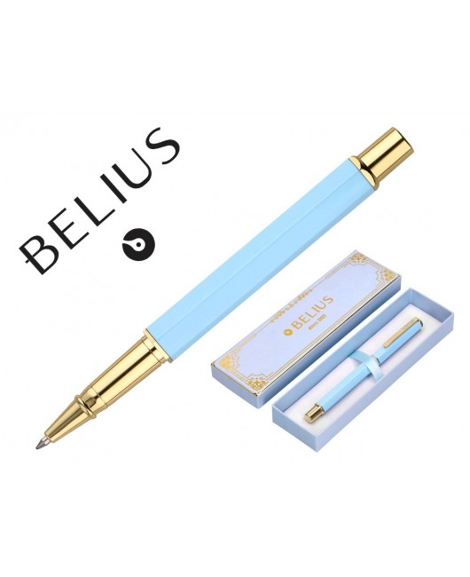 BOLIGRAFO BELIUS MACARON BLISS FORMA HEXAGONAL COLOR CELESTE Y DORADO TINTA AZUL CAJA DE DISEÑO