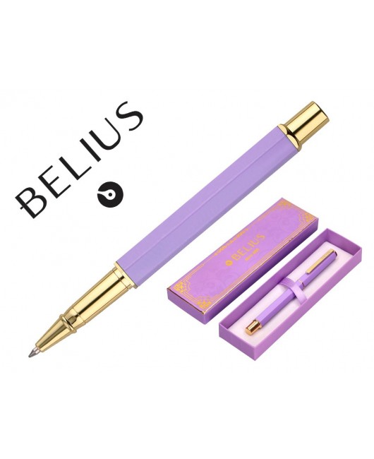 BOLIGRAFO BELIUS MACARON BLISS FORMA HEXAGONAL COLOR MORADO Y DORADO TINTA AZUL CAJA DE DISEÑO
