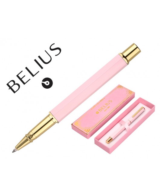 BOLIGRAFO BELIUS MACARON BLISS FORMA HEXAGONAL COLOR ROSA Y DORADO TINTA AZUL CAJA DE DISEÑO