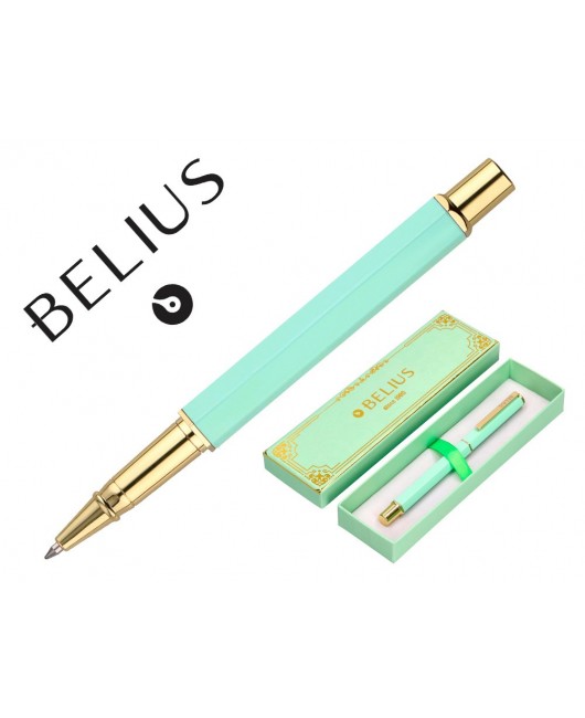 BOLIGRAFO BELIUS MACARON BLISS FORMA HEXAGONAL COLOR VERDE DORADO TINTA AZUL CAJA DE DISEÑO
