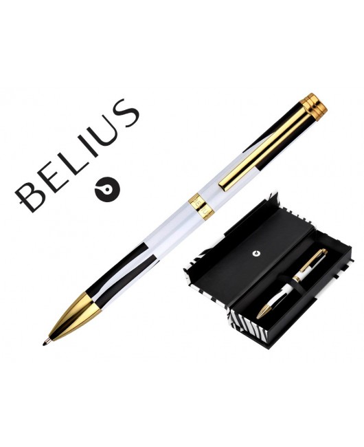 BOLIGRAFO BELIUS DUALITA CUERPO BLANCO COLOR NEGRO TINTA AZUL CAJA DE DISEÑO