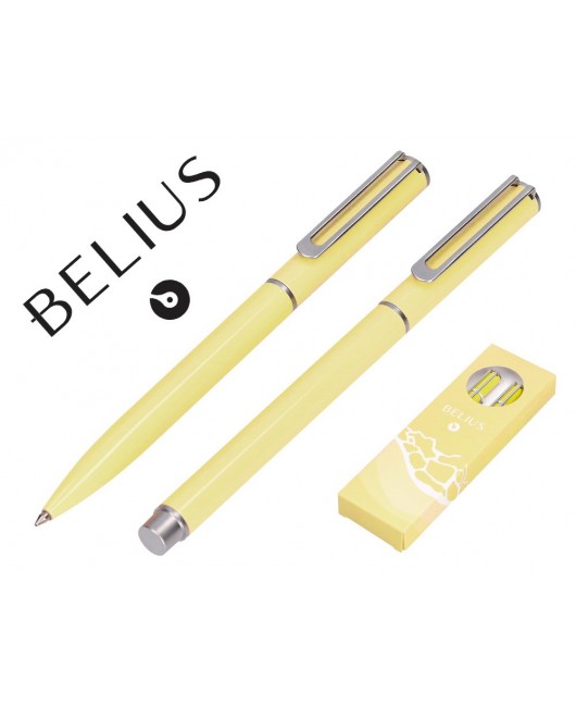 JUEGO BOLIGRAFO Y ROLLER BELIUS ENDLESS SUMMER ALUMINIO COLOR AMARILLO Y PLATEADO TINTA AZUL CAJA DE DISEÑO