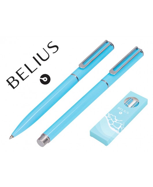 JUEGO BOLIGRAFO Y ROLLER BELIUS ENDLESS SUMMER ALUMINIO COLOR CELESTE Y PLATEADO TINTA AZUL CAJA DE DISEÑO