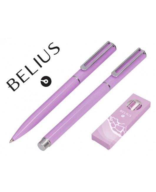 JUEGO BOLIGRAFO Y ROLLER BELIUS ENDLESS SUMMER ALUMINIO COLOR MORADO Y PLATEADO TINTA AZUL CAJA DE DISEÑO