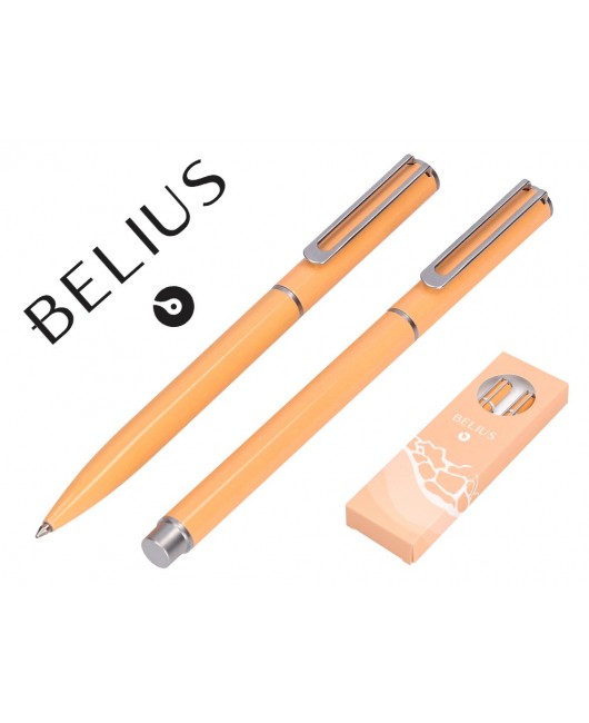 JUEGO BOLIGRAFO Y ROLLER BELIUS ENDLESS SUMMER ALUMINIO COLOR NARANJA Y PLATEADO TINTA AZUL CAJA DE DISEÑO
