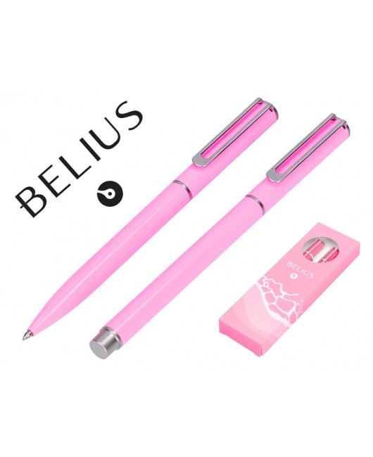 JUEGO BOLIGRAFO Y ROLLER BELIUS ENDLESS SUMMER ALUMINIO COLOR ROSA Y PLATEADO TINTA AZUL CAJA DE DISEÑO