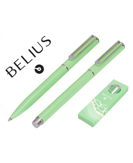 JUEGO BOLIGRAFO Y ROLLER BELIUS ENDLESS SUMMER ALUMINIO COLOR VERDE Y PLATEADO TINTA AZUL CAJA DE DISEÑO