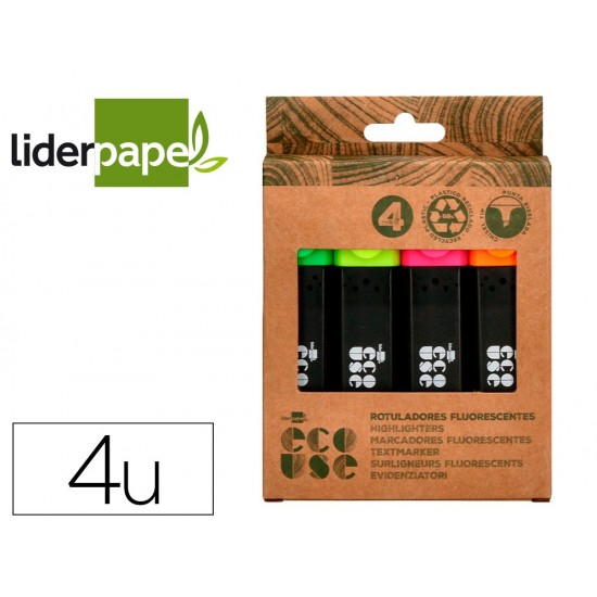 ROTULADOR LIDERPAPEL ECOUSE FLUORESCENTE FABRICADO CON 68% PLASTICO RECICLADO CAJA DE 4 UNIDADES COLORES SURTIDOS ROTULADOR LIDERPAPEL ECOUSE FLUORESCENTE FABRICADO CON 68% PLASTICO RECICLADO CAJA DE 4 UNIDADES COLORES SURTIDOS