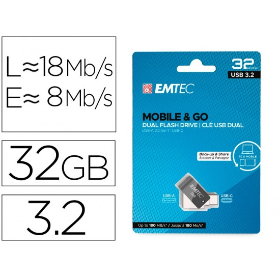 MEMORIA EMTEC USB 3.2 DUAL MOBILE & GO TYPE-C /USB 32 GB MEMORIA EMTEC USB 3.2 DUAL MOBILE & GO TYPE-C /USB 32 GB