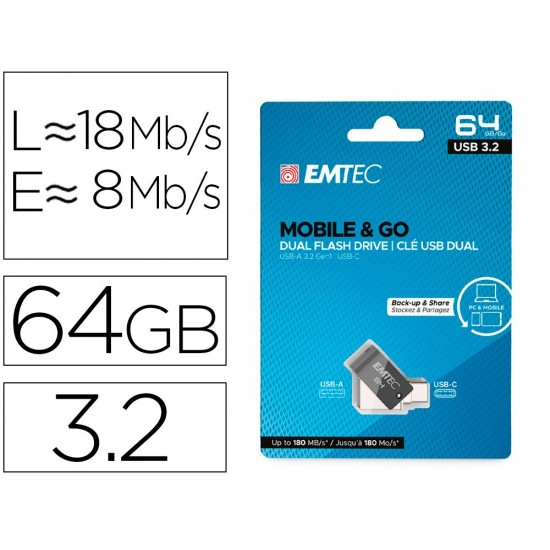 MEMORIA EMTEC USB 3.2 DUAL MOBILE & GO TYPE-C /USB 64 GB MEMORIA EMTEC USB 3.2 DUAL MOBILE & GO TYPE-C /USB 64 GB