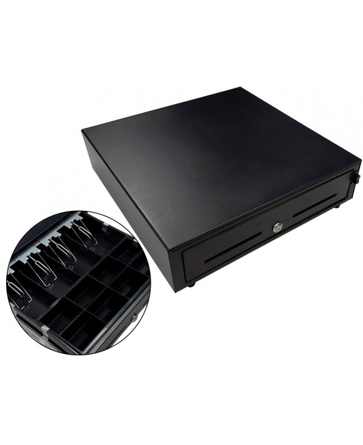 CAJON PORTAMONEDAS 8 MONEDEROS 5 BILLETEROS CON LLAVE MANUALNEGRO 410X415X110 MM