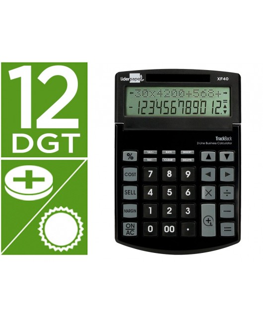 CALCULADORA LIDERPAPEL SOBREMESA XF40 12 DIGITOS DOS LINEAS SOLAR Y PILAS NEGRO 175X120X30 MM 40% RECICLADA