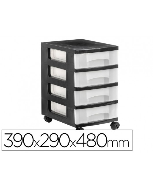 CAJONERA ARCHIVO 2000 4 CAJONES TRANSPARENTE CARCASA NEGRA 6 LITROS CON RUEDAS 390X290X480 MM