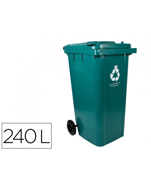 PAPELERA CONTENEDOR Q-CONNECT PLASTICO CON TAPADERA Y RUEDAS 240 LITROS VERDE 1040X620X610 MM