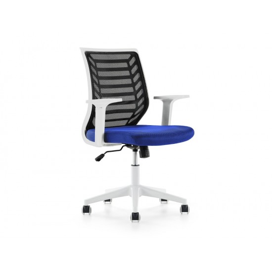 SILLA ROCADA DE OFICINA BRAZOS REGULABLES ESTRUCTURA BLANCA RESPALDO MALLA Y ASIENTO TELA IGNIFUGA AZUL SILLA ROCADA DE OFICINA BRAZOS REGULABLES ESTRUCTURA BLANCA RESPALDO MALLA Y ASIENTO TELA IGNIFUGA AZUL