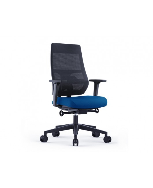 SILLA ROCADA DIRECCION CON BRAZOS REGULABLES BASE POLIMERO RESPALDO DE MALLA Y ASIENTO EN TELA AZUL