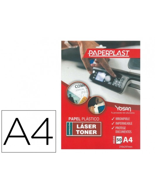 PAPEL PLASTICO YOSAN PAPERPLAST POLIESTER BLANCO BRILLO DIN A4 200 MC IMPRIMIBLE PAQUETE DE 50 HOJAS