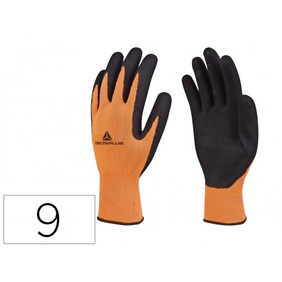 GUANTES DELTAPLUS POLIESTER IMPREGANDO LATEX PALMA Y DEDOS NARANJA FLUOR/NEGRO TALLA 9