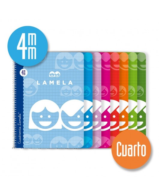 Cuaderno espiral cuarto 40 hojas. Cubierta cartoncillo plastificado. Cuadrovía 4mm.